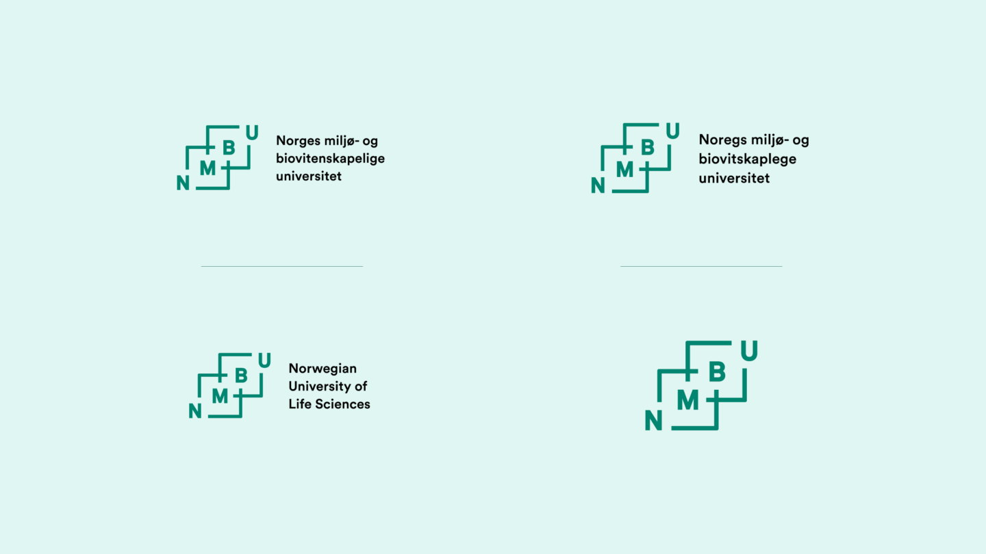 The NMBU logos in four different versions – in bokmål, nynorsk, English and in a version of a symbol.