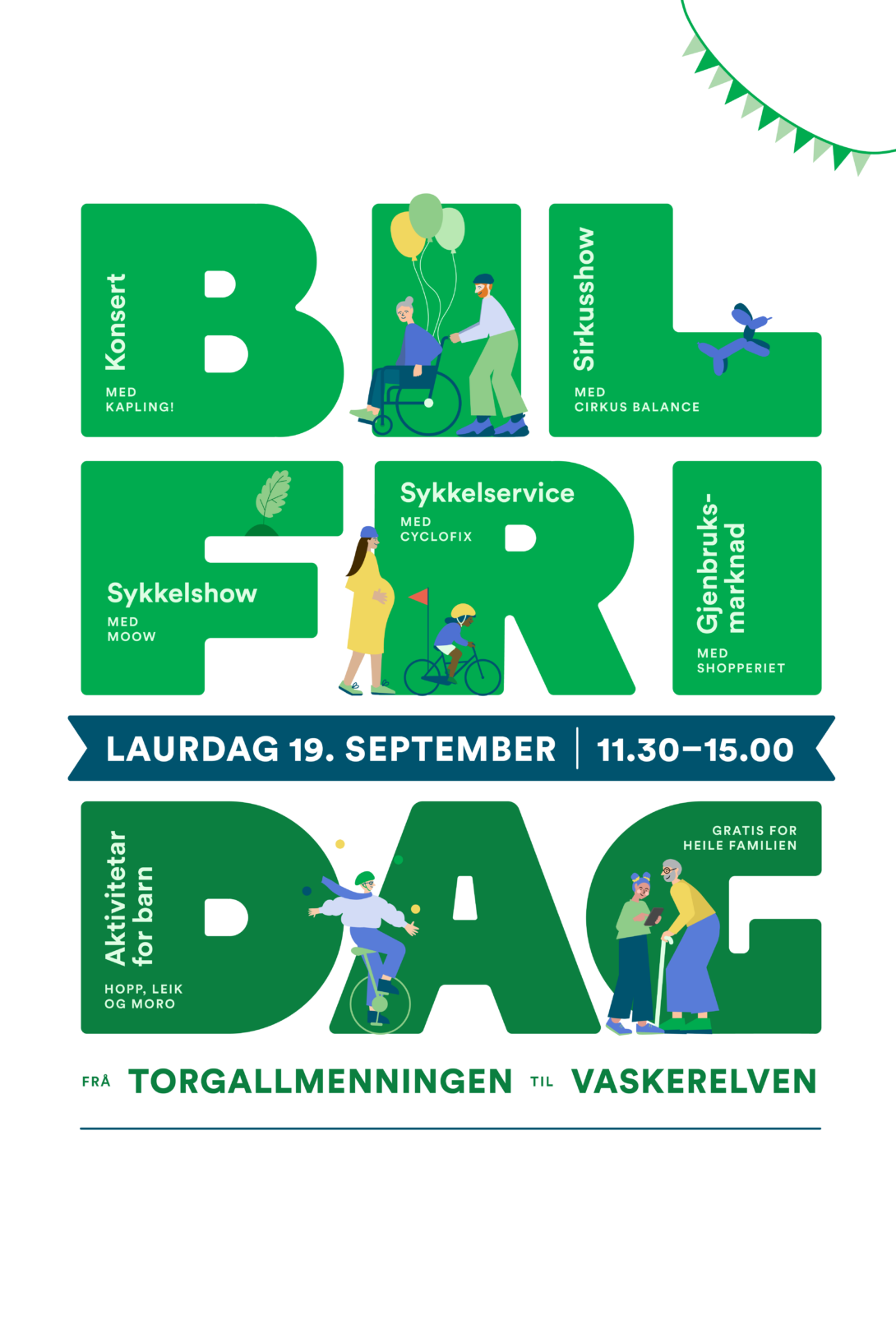 Illustrert kampanjeplakat for Bilfri dag med aktiviteter som konsert, sirkusshow, sykkelservice og gjenbruksmarknad, lørdag 19. september kl. 11.30–15.00 fra Torgallmenningen til Vaskerelven.